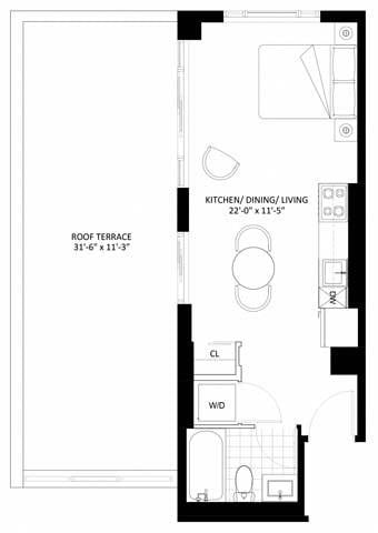 Floor plan for studio, 1 bath, 424 sqft